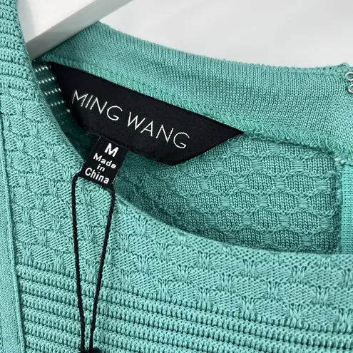 Ming Wang Stud Trim Tonal Stripe Knit Dress Knee Length Turquoise Size Medium