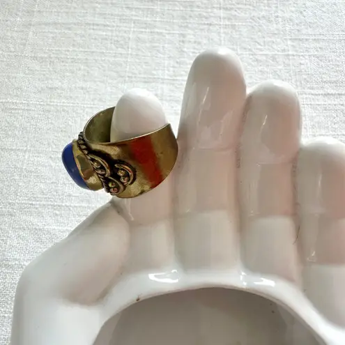 Vanessa Mooney Vintage Brass Ring with Oval Blue Stone Statement Adjustable Size