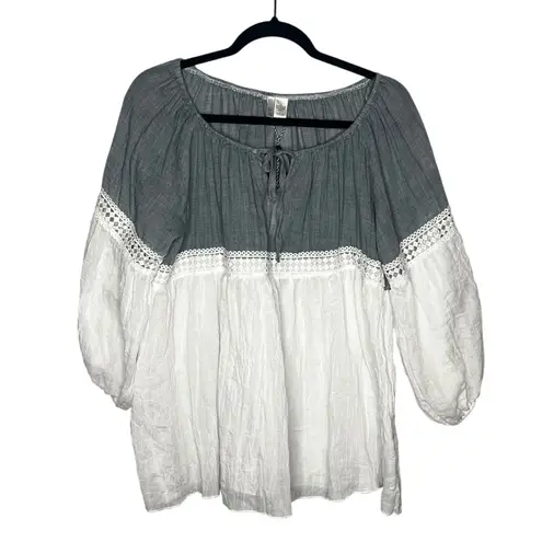 Kaktus NEW Blue White Chambray Boho Peasant Lace Tie Top 3/4 Balloon Sleeve L Size L