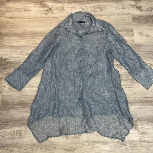 Boho Chic Blue & White Striped 100% Linen 3/4 Sleeve Button Down Shirt Size S - Image 5