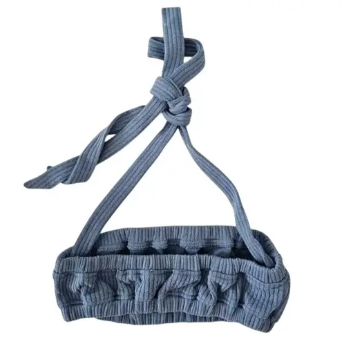 We Wore What NWT Wide Rib CrisCross Back Tie Halter Bra Top Elastic Trim XS Blue