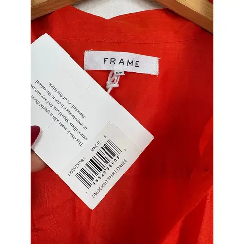 Frame NWT Smocked Shirt Mini Dress Size Small Orange Stretch Lightweight