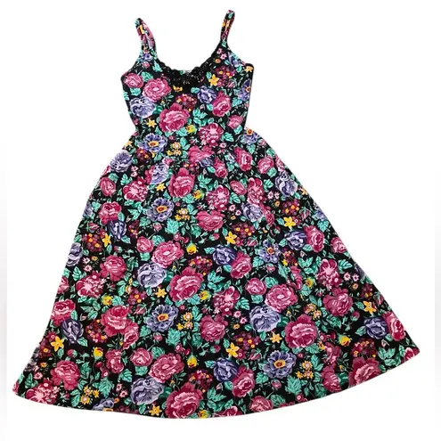 Vintage 80s 90s Black Goth Whimsygoth Witchy Floral Lace Sleeveless Midi Dress Size M