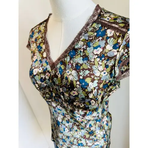 Y2K Floral Womens Tops Silk Size Small/Medium Lace Trim Cottage core Boho Vibes Brown