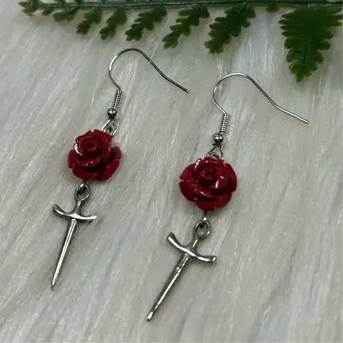 Dainty Rose and Silver tone Sword dangle Earrings Gray