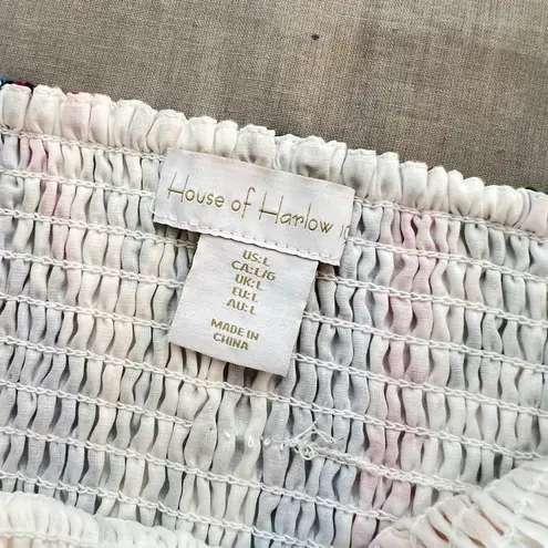 House of Harlow Blue White Toucan Smocked Beaded Tassel Crop Bandeau Top Large