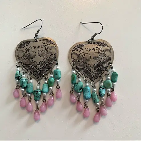 Vintage large silvertone hearts with birds boho statement beaded earrings Pink