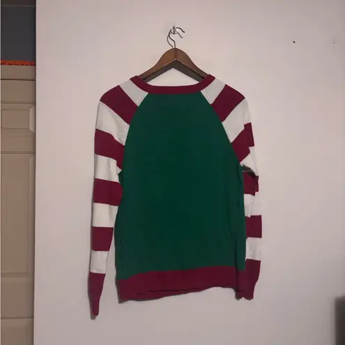Ugly Christmas Sweater Ugly Christmas Green Red & White Reindeer Crewneck Striped Long Sleeve Sweater