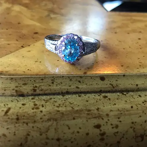 Natural Pink Sapphire Blue Zircon Sterling Silver Halo Ring Size 10
