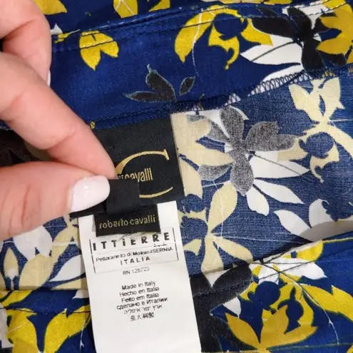 Just Cavalli Blue Floral Print Short Sleeve Silk Blouse Italy Size 44 - US 8