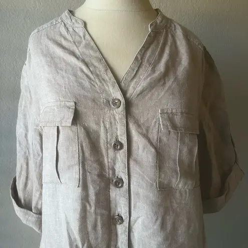 Coldwater Creek Women's Beige Button-Up Cargo Shirt Size L 100% linen