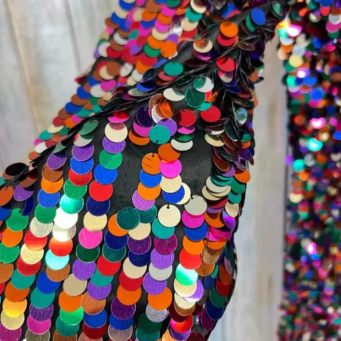 Oleg Cassini Black Tie Vintage Sequin Dress Size 4 Rainbow Long Sleeve Party