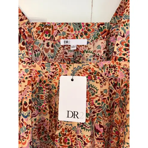 DR2 Floral Print Top Square Neck Puff Sleeve Blouse Bohemian Style Size S Tan