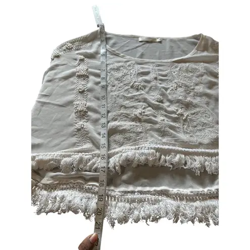 Millau XS White Sheer Embroidered Boho Crop Top Tassel Hemline Will Fit Up To M