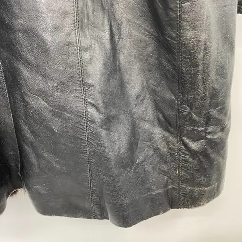 Vintage Leather Penny Lane Style Long Coat Black Real Fur Trim Womens Small