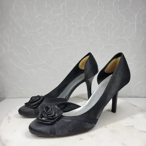 Fioni Dress Pumps Womens 8.5 Black Satin Rose Stiletto High Heels Formal