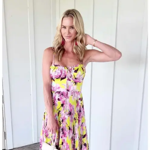 Delfi Collective Floral Pleated Midi Dress Size Small Pink Yellow Bustier