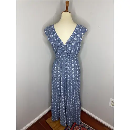 Madison Mathews Blue Floral Block Print Sleeveless Drop Waist Maxi Dress Medium