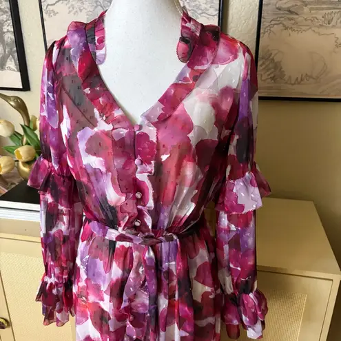 Marchesa Notte Oleander Floral Print Asymmetrical Ruffle Midi Dress Size 2 Purple