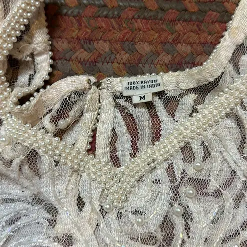 VTG 80s PEARL BEADED LACE SHEER BLOUSE Size M