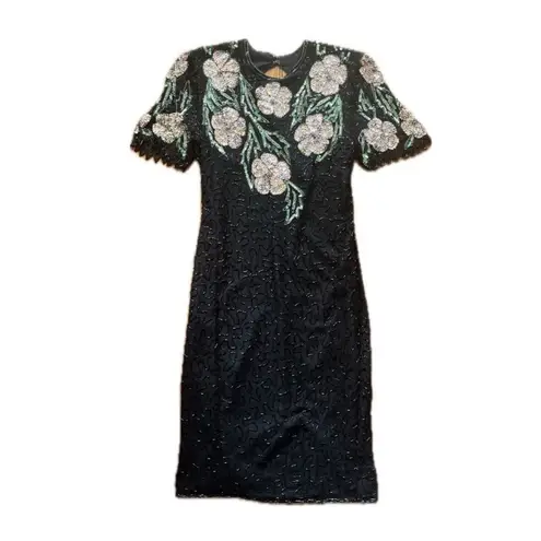 Scala Vintage 100% Silk Fully Beaded Floral Midi Dress Formal Cocktail Large - Image 2