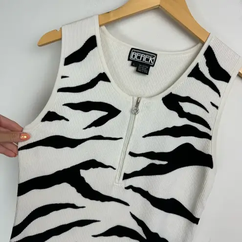 Vtg Y2K Zebra Stripe Ribbed Top Sz Large Quarter Zip Sleeveless Tank Black