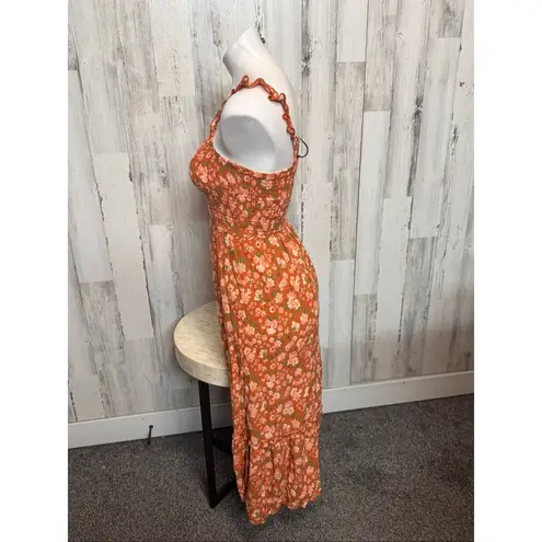 Coco & Sky Floral Smocked Maxi Dress – Ruffle Straps, Tiered Skirt, Boho Cottage Orange Size M