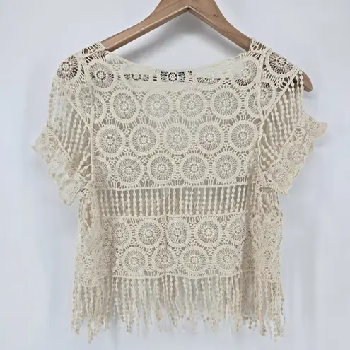 Dulcie Women's Small 100% Cotton Crochet Crop Top Ivory Fringe Hippie Boho