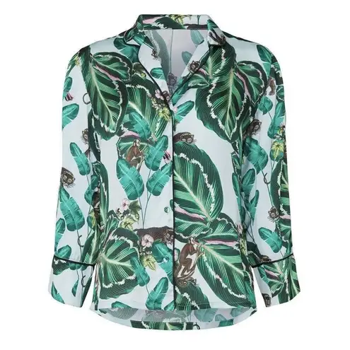 LoboRosa Tropical Palm Leaf Leopard Monkey Jungle Print Pajama Style Shirt Sz L Size L