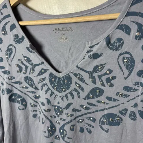 Roper Shirt Womens M Blue Floral Southwestern Studded V