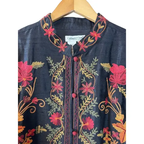 Coldwater Creek Black Raw Silk Floral Embroidered Mandarin Jacket Size XXL