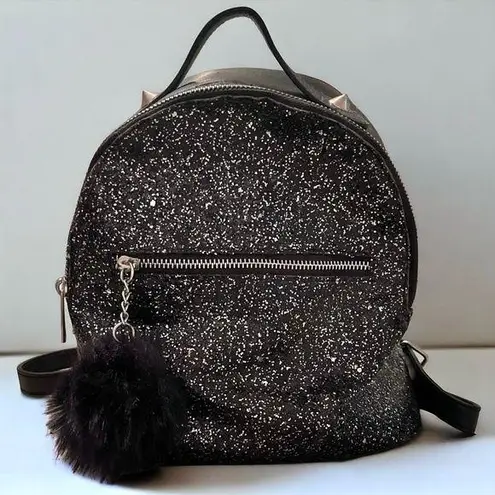Black Glitter Faux Leather Mini Backpack with Pom