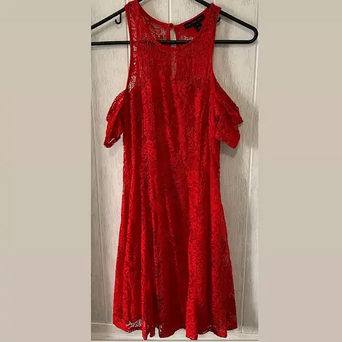 Material Girl  Red Floral Lace cold shoulder Fit Flare A-line Mini Dress cocktail