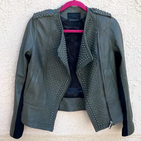 Nour Hammour Erin army green studded leather Biker jacket size FR 36 US 2 4 XS S