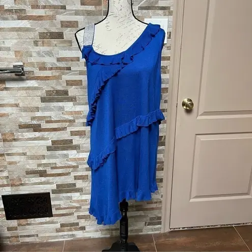 Belldini NWT cobalt blue asymmetrical knit dress w rhinestones and ruffles Sz XL
