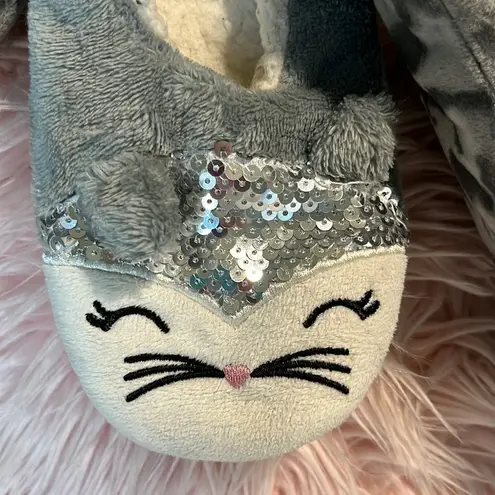 Lounge Kitty Cat Slippers Gray Plush Sequins House Shoes  Dorm Womens 8 9