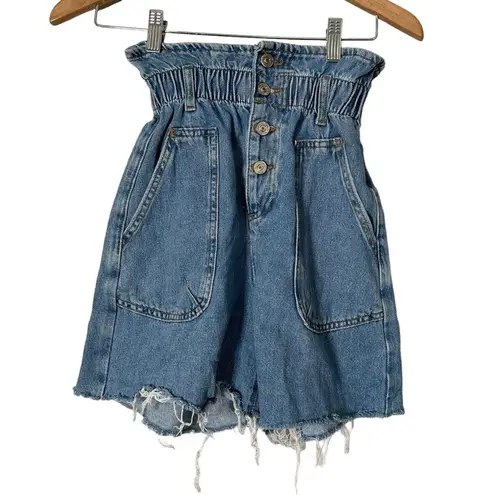 ZARA  High Rise Denim‎ Shorts Paper Bag Button Fly Blue Cut Off Women's Size 0