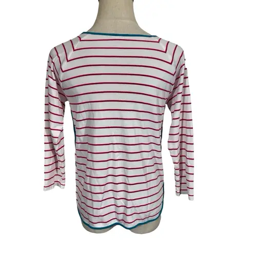 LAKE Pajamas Pima Long Sleeve Scoop Neck Top In Ruby Breton Stripe Red Size XXS