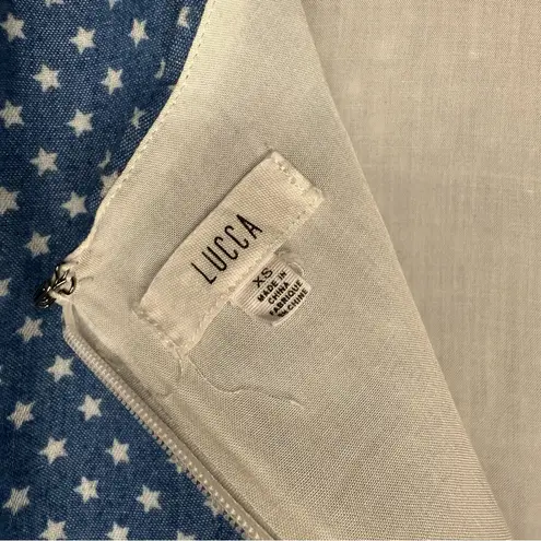 Lucca Couture Star Print Cute Dress With Open Stomach Cut Out 4th of July Denim Print