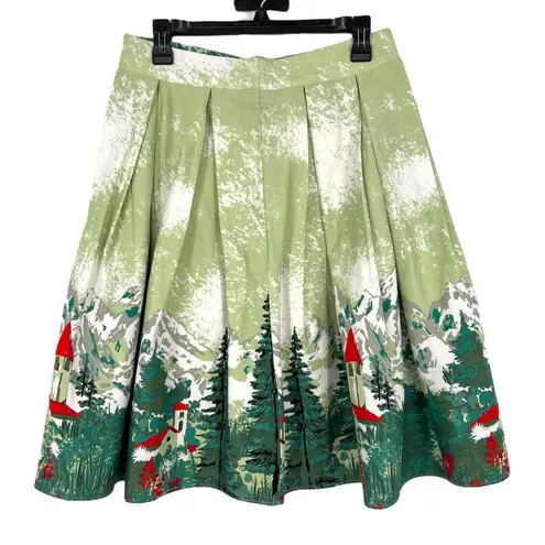 Alpine Scenic Winter Print Green Pleated Full A