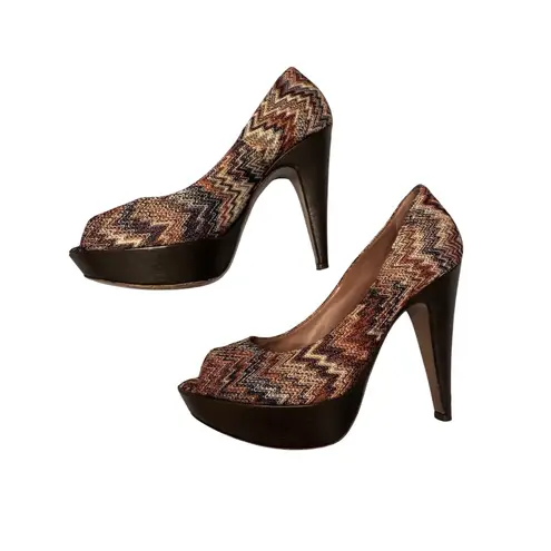 Missoni Women's Heels Size 37.5 Multicolor Zigzag Peep Toe Platform Pumps