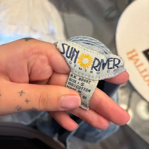 90s Denim Embroidered Romper Blue