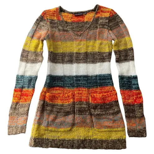 Ultra Flirt Vtg Y2K Soft Chunky Knit Striped Multicolor Patch Pockets Sweater Size XS Boho - Image 1