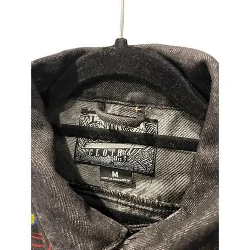 Brooklyn Cloth Graphic Design Black Denim Jacket Size Medium Casual Jean Trippy