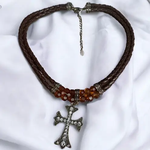 Bijoux Terner beaded leather rope cross pendant necklace