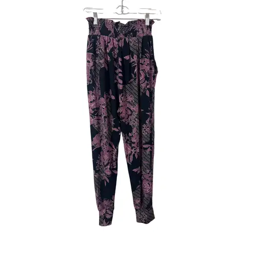 Daily Practice Cool Breeze Black Purple Floral Smocked Waist Jogger Pants Size S