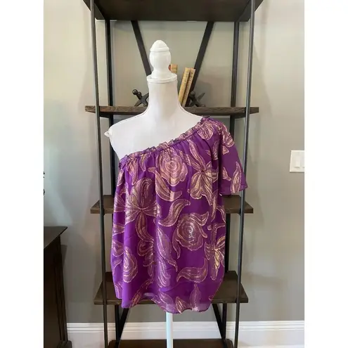 Ramy Brook  Peach Ruffle One-shoulder Silk Blend Top In Purple Jacquard Large