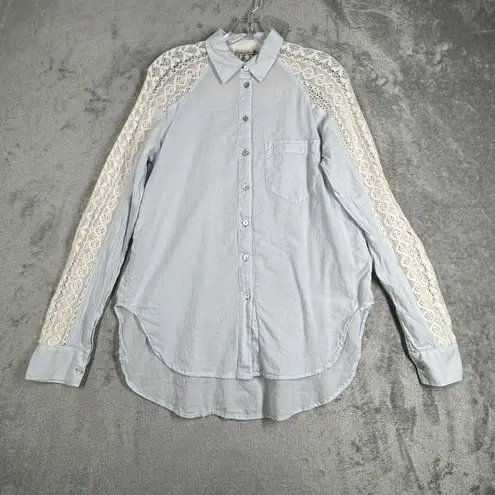 Holding Horses Shirt Womens Small Blue White Striped Crochet Button Down Top