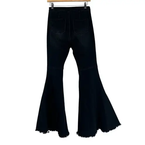 BANJUL Flare Jeans Womens S Black Raw Hem Stretch High Rise 70s Retro Hippie