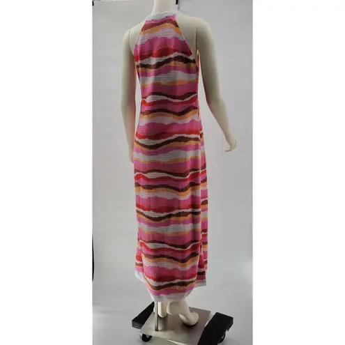 LOFT Crochet Halter Maxi Dress Womens M Pink Wavy Textured Tight Closed Knit Size M